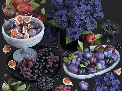 Fresh Fruits Figs Grapes Apples Plums Blueberries Raspberries in Ceramic Bowls with Purple Hydrangea 3d model