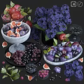 Fresh Fruits Figs Grapes Apples Plums Blueberries Raspberries in Ceramic Bowls with Purple Hydrangea