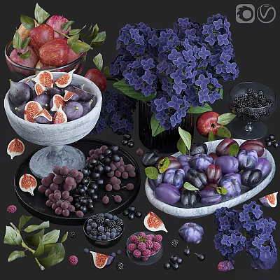 Fresh Fruits Figs Grapes Apples Plums Blueberries Raspberries in Ceramic Bowls with Purple Hydrangea 3d model