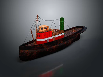 Vintage Red and Black Water Vehicle with Green Chimney Mast and Ropes 3d model
