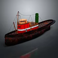 Vintage Red and Black Water Vehicle with Green Chimney Mast and Ropes