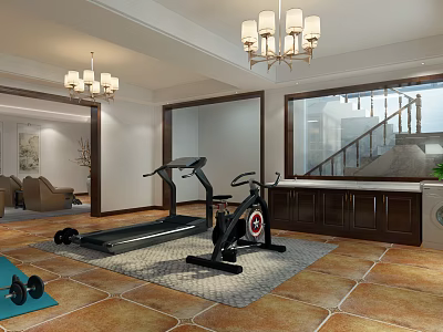 Basement Home Gym With Treadmill Exercise Bike Dumbbells Tile Floor And Chandeliers 3d model