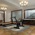 Basement Home Gym With Treadmill Exercise Bike Dumbbells Tile Floor And Chandeliers