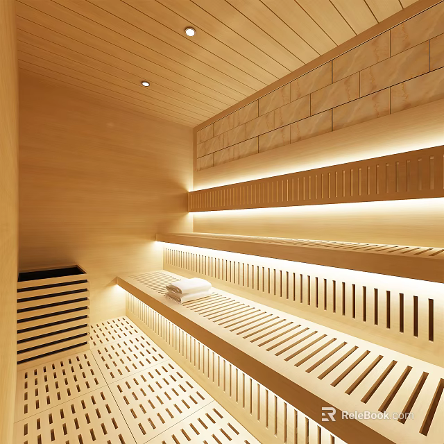 Modern Shower Sauna Interior With Wooden Walls Warm Lighting And Benches 3d model 