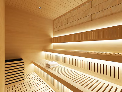 Modern Shower Sauna Interior With Wooden Walls Warm Lighting And Benches 3d model