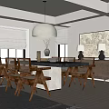 Modern Restaurant Interior Design With Wooden Dining Table Chairs Pendant Light And Artwork
