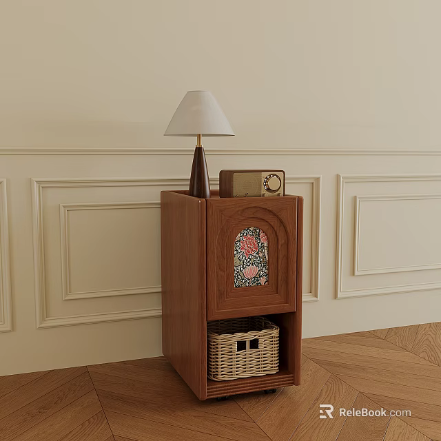 Wooden Entryway Side Cabinet With Table Lamp Decorative Glass Door Wicker Basket And Paneled Walls 3d model 
