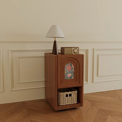 Wooden Entryway Side Cabinet With Table Lamp Decorative Glass Door Wicker Basket And Paneled Walls 3d model