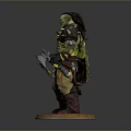 Muscular Green Skinned Man With Shield Spear And Skull Decoration Standing On Base