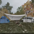 Peaceful Natural Forest Camping Scenery With Tents And Canopy Surrounded By Colorful Autumn Trees
