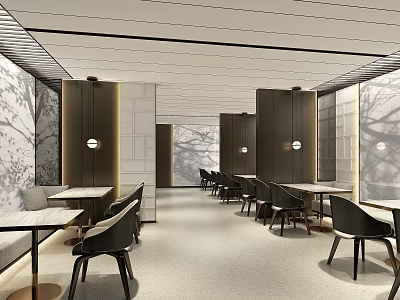 Modern Restaurant Interior Design With Stylish Tables Chairs And Elegant Wall Decor Lighting 3d model