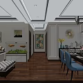 Elegant Living Dining Room Interior With Chandelier Large Windows Sea View And Decorative Paintings