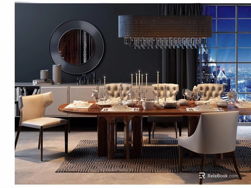 Modern Dining Table Set with Elegant Chairs Tableware Candles Chandelier Mirror by Night View Window 3d model 