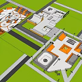 Vibrant Park Landscape With Orange And White Structures People Activities And Green Trees