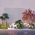 Bonsai Potted Plants With Greenery Red Leaf Tree White Deer Ornament Grid Wall And Pebbles