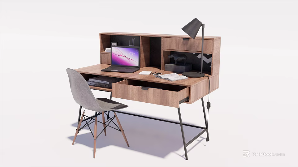 Modern Wooden Home Office Desk With Laptop Papers Desk Lamp And Minimalist Chair 3d model 