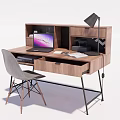 Modern Wooden Home Office Desk With Laptop Papers Desk Lamp And Minimalist Chair