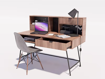 Modern Wooden Home Office Desk With Laptop Papers Desk Lamp And Minimalist Chair 3d model