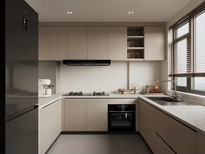 Modern Kitchen Interior With Light Wood Cabinets Black Appliances And Window Blinds 3d model