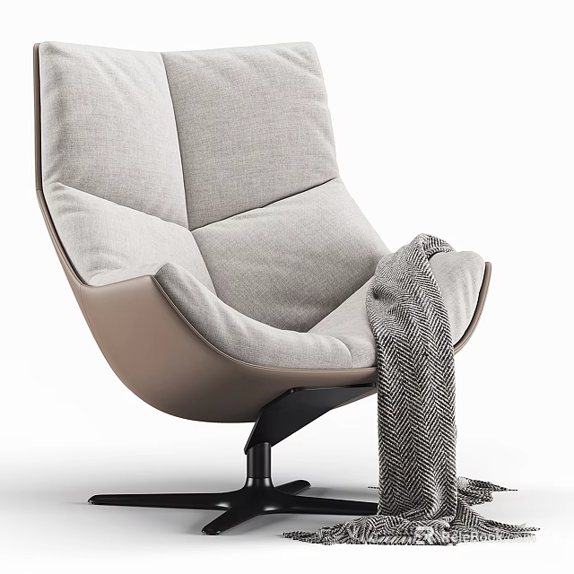 Modern Lounge Chair With Gray Cushion Beige Frame Black Base And Knitted Blanket 3d model 