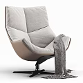 Modern Lounge Chair With Gray Cushion Beige Frame Black Base And Knitted Blanket