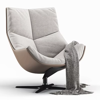 Modern Lounge Chair With Gray Cushion Beige Frame Black Base And Knitted Blanket 3d model