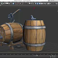 Wooden Storage Barrels With Axe Faucet And Metal Bands For Home Use