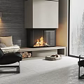 Modern Lounge Chairs In Cozy Living Room With Fireplace Flames And Snowy View