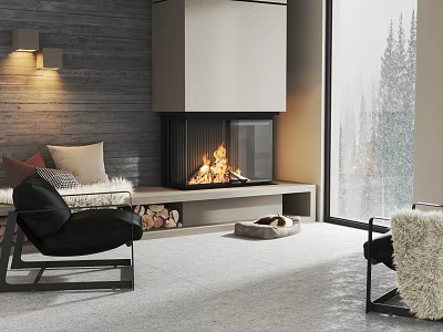 Modern Lounge Chairs In Cozy Living Room With Fireplace Flames And Snowy View 3d model