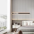 Modern Minimalist Bedroom With Striped Wall Long Pendant Light Nightstand Vase Books And Decorative Pillows