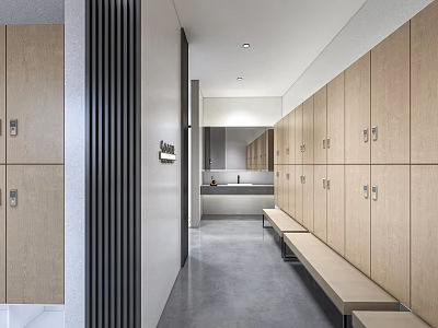 Long Row Of Light Wood Wardrobes With Bench Sink And Mirror In Modern Design 3d model