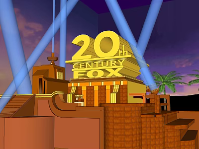 20th Century Fox Golden Sculpture With Architectural Structure Blue Light Beams And Palm Trees 3d model