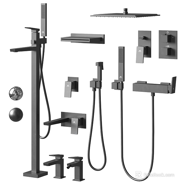 Modern Black Shower System With Handheld Rain Head And Control Fixtures 3d model 