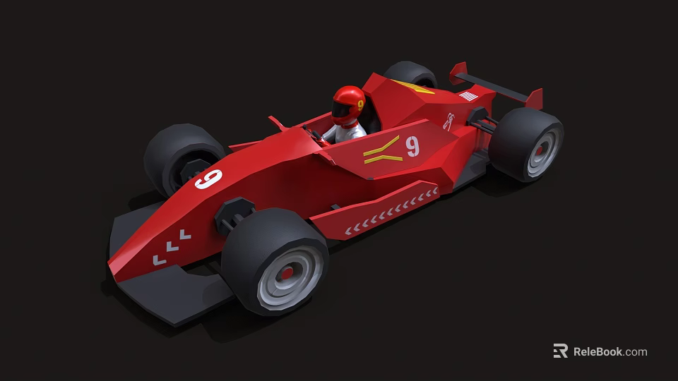 Red Race Car With Number 9 And Helmeted Driver Streamlined Body And Large Wheels 3d model 