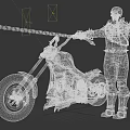 Game Movie Character Skeleton in Black Leather Outfit Riding Flaming Tire Motorcycle with Metallic Design