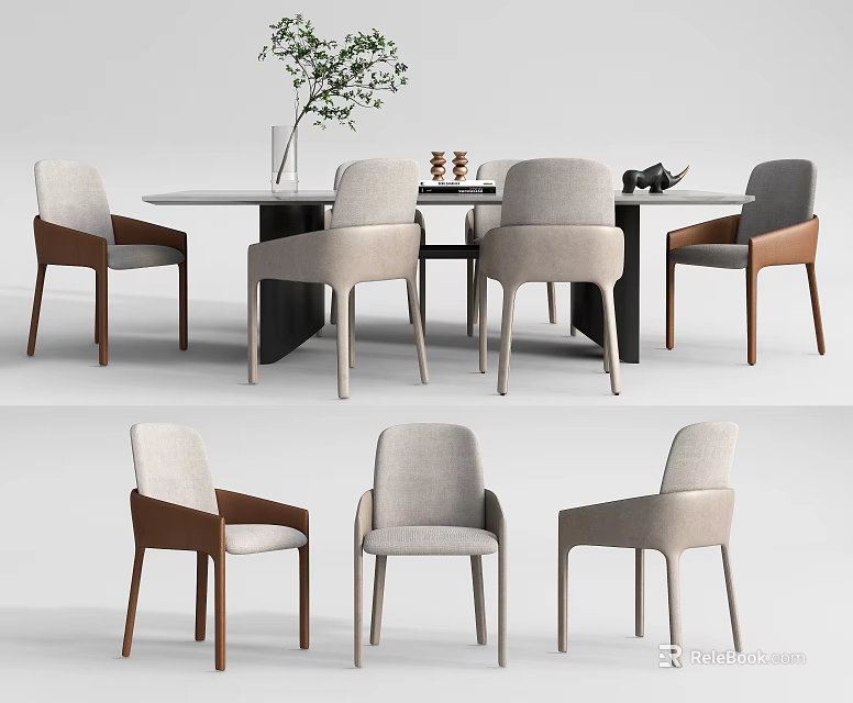 Modern Dining Table Set with Beige Brown Chairs Wooden Frame and Green Plant Decor 3d model 