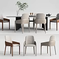 Modern Dining Table Set with Beige Brown Chairs Wooden Frame and Green Plant Decor