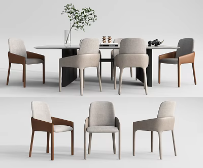 Modern Dining Table Set with Beige Brown Chairs Wooden Frame and Green Plant Decor 3d model