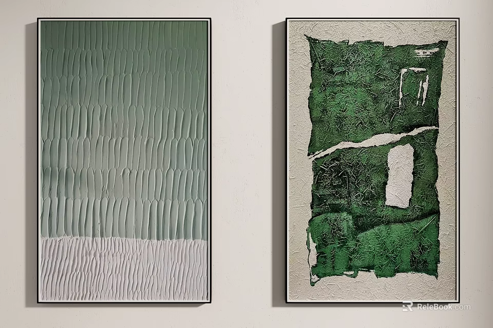 Two Green Abstract Paintings With Vertical Stripe Texture And Irregular Patterns On White Wall 3d model