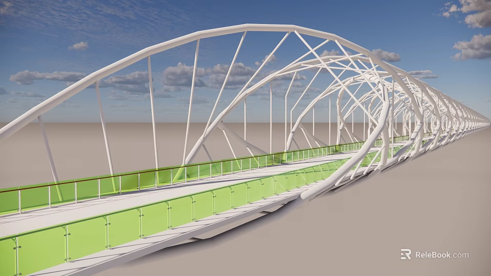 Modern Arch Bridge Design With White Steel Frame Green Railings And Blue Sky Background 3d model 