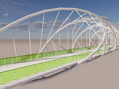 Modern Arch Bridge Design With White Steel Frame Green Railings And Blue Sky Background 3d model