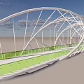 Modern Arch Bridge Design With White Steel Frame Green Railings And Blue Sky Background