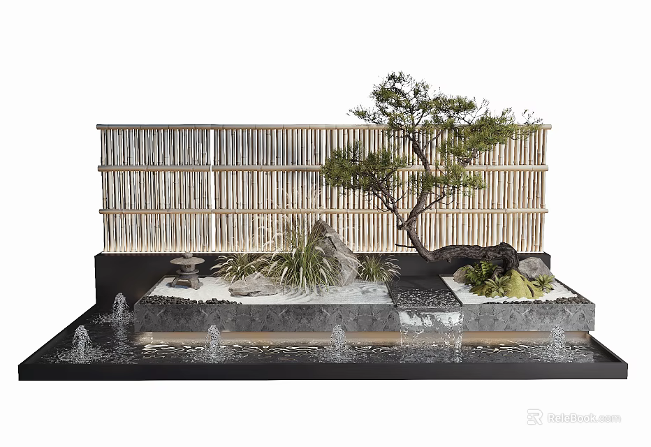 Garden Decorative Piece with Bamboo Screen Bonsai Tree Rockery Water Fountain and Greenery 3d model 