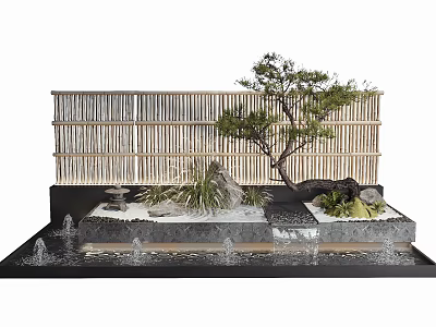 Garden Decorative Piece with Bamboo Screen Bonsai Tree Rockery Water Fountain and Greenery 3d model