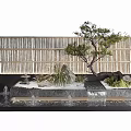 Garden Decorative Piece with Bamboo Screen Bonsai Tree Rockery Water Fountain and Greenery