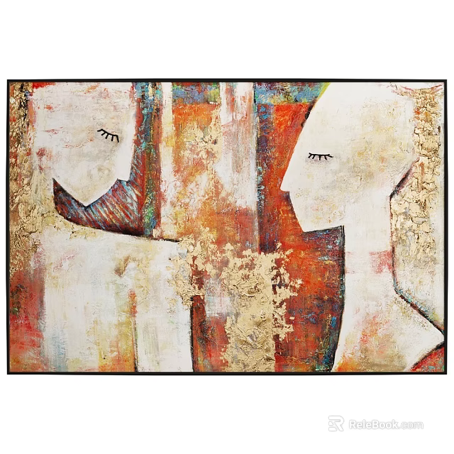 Abstract Painting Featuring Two Face Profiles With Eyes In Red Orange Beige Gold Textured Background 3d model 