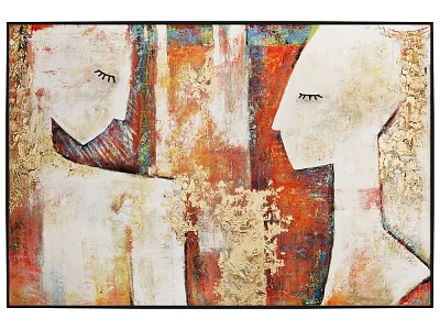 Abstract Painting Featuring Two Face Profiles With Eyes In Red Orange Beige Gold Textured Background 3d model