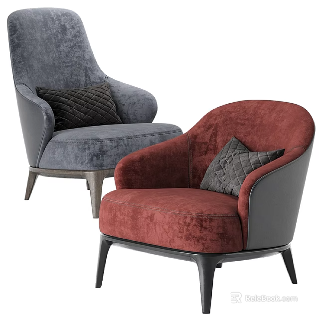 Gray And Red Velvet Accent Chairs With Decorative Pillows And Wooden Legs 3d model 