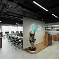 Modern Office Workspace With Long Desks Computers Green Plants And Bookshelves