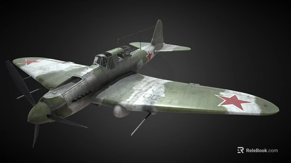 Vintage Green Fighter Aircraft With Weathered Body And Red Star Insignia On Wings 3d model 